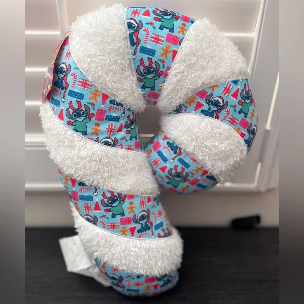NWT Disney Stitch Candy Cane Blue & White Christmas Present Plush Pillow